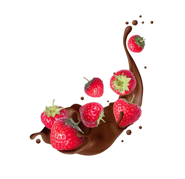 Strawberries in chocolate splashes isolated on a white background