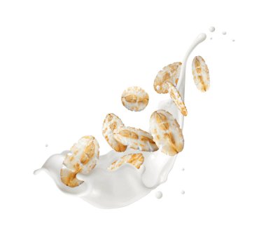 Süt fışkırtan yulaf gevrekleri beyaz arka planda izole bir şekilde yakın çekim yaparlar.