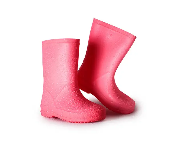 Stylish Pink Rubber Boots Raindrops Surface Isolated White Background — Stock Photo, Image
