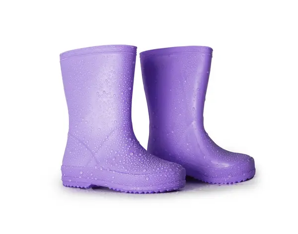 Stylish Purple Rubber Boots Raindrops Surface Isolated White Background — Stock Photo, Image