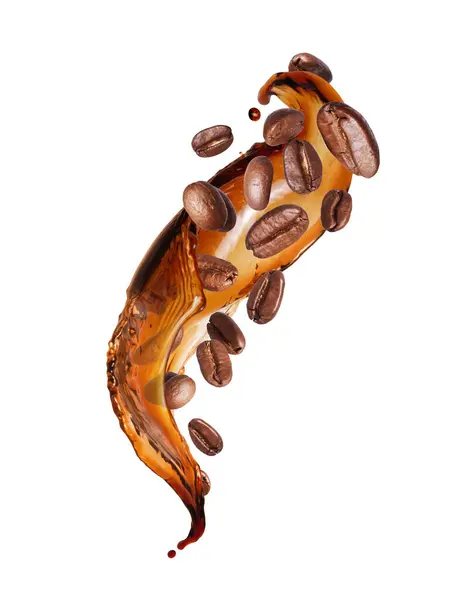 Roasted Coffee Beans Brown Splashes Closeup Isolated White Background Stockbild
