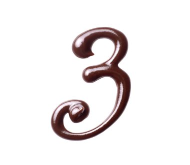 3 numara erimiş çikolatadan yapılmış, beyaz arka planda izole edilmiş..