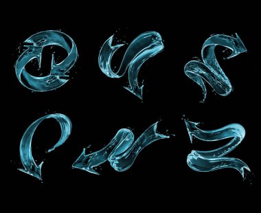 Sudan yapılmış çeşitli kavisli oklar siyah bir arkaplanda sıçradı.