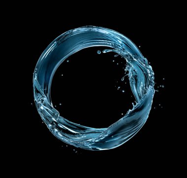 Su sıçramalarından oluşan yuvarlak şekil siyah arkaplanda izole edilmiş.