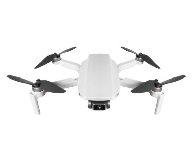 Kameralı İHA 'nın üst görüntüsü beyaz arkaplanda izole edilmiş.