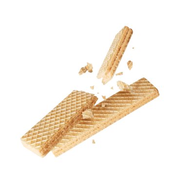 Beyaz arka planda izole edilmiş gevrek waffle 'lar havada eziliyor.
