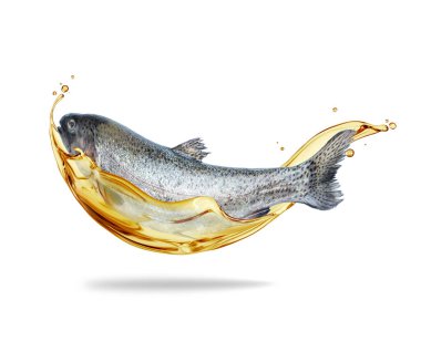 Beyaz arka planda izole edilmiş yağ damlalarındaki alabalıklar