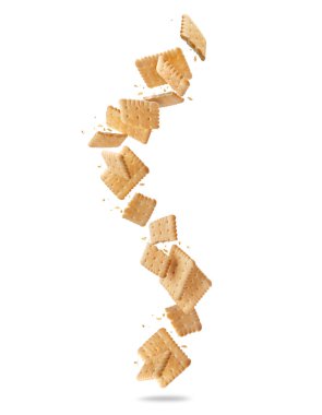 Yüzen ve ezilmiş kurabiyeler. Beyaz arka planda izole edilmiş.