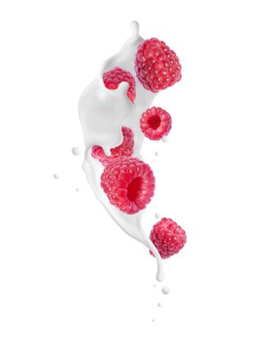 Sütteki ahududu, beyaz arka planda izole edilmiş yakın plan sıçratır