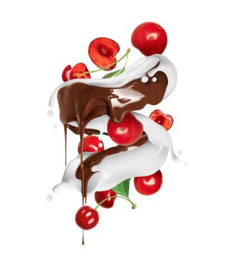 Çikolata ve süt damlacıkları kirazlı girdap şeklinde.