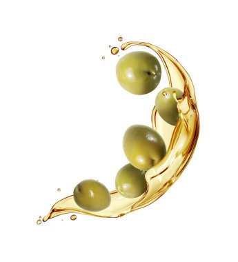 Altın zeytinyağlı yeşil zeytinler beyaz arka planda izole edilmiş.