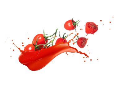 Taze vişneli domatesler beyaz arka planda meyve suyu damlatıyor.