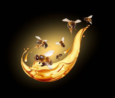 Uçan bal arıları siyah arka planda dinamik bir bal sıçramasıyla çevrili. 