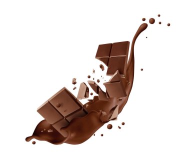 Beyaz arka planda kakao lekesi olan kırık çikolata.