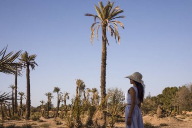 Şapkalı genç turist çöl manzarasının ve palmiye ağaçlarının tadını çıkarıyor. Palmiye bahçesindeki Marakeş şehrini sunan bu yer Fas 'ta turistler tarafından çok ziyaret ediliyor..