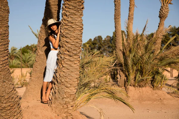 Turista Apoyada Una Gran Palmera Palmeral Marrakech Marruecos Mientras Protege — Foto de Stock