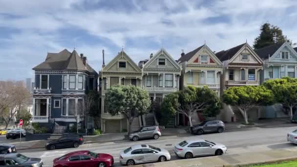Famous Painted Ladies Californian City San Francisco Usa Houses Victorian — стоковое видео