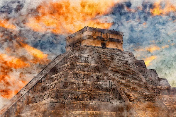 美しい青空の下で水彩とキャンバスに描かれたチチェン イッツァのピラミッドとメキシコのユカタン半島の太陽の放射線 このマヤ遺跡の城 — ストック写真