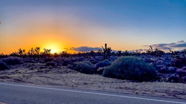 Amerika 'nın en büyük ve en sıcak çölü olan Mojave Çölü' nde tipik günbatımı, çoğunlukla Amerika 'da, efsanevi Route 66 otoyolu ile kesişiyor..