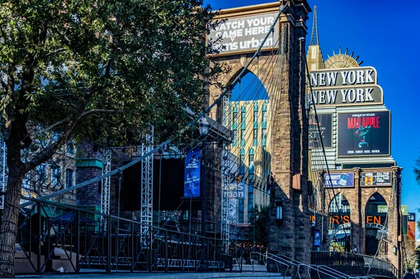 stock image Las Vegas, USA; January 18, 2023: Panoramic view of the skyscrapers, monuments and bridges of the New York New York Hotel and Casino on the Las Vegas Strip, located on Sin City Boulevard.