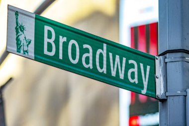 New York 'ta Manhattan' ın bir ilçesinin bir parçası olan ünlü Broadway caddesini gösteren bir tabela.).