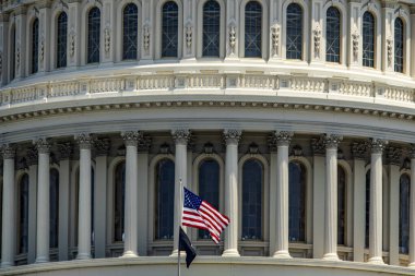 ABD 'nin federal başkenti Washington DC' de bulunan Amerika Birleşik Devletleri başkentinin pencereleri ve bayrağı..