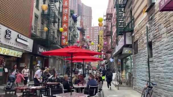 ニューヨーク アメリカ 2024 賑やかなチャイナタウン地区を楽しむ人々 その多くの中国のレストランで 飲食店やネオンライト — ストック動画