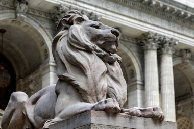 New York, ABD; 4 Haziran 2023: New York kütüphanesini koruyan mermer aslanlardan biri sabır..