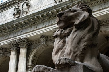 New York, ABD; 4 Haziran 2023: Kale, New York kütüphanesini koruyan mermer aslan, çok sayıda kitap içerir ve sinema için ayarlar olmuştur.