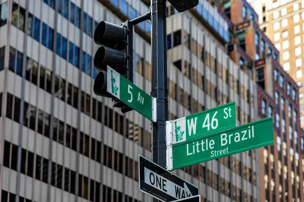 New York and Fifth Avenue street signs, at a traffic light in Manhattan, New York City (USA).
