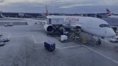 New York, ABD; 10 Şubat 2024: Iberia Airlines 'dan bir Airbus A350, John F. Kennedy International' daki diğer uçaklar ile birlikte park yerine park etti.).