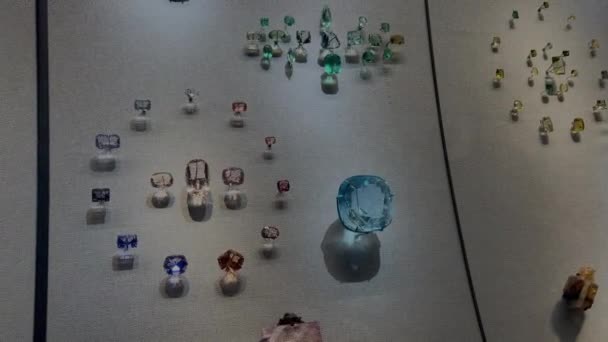 位于美国纽约市曼哈顿的美国自然历史博物馆展出的宝石和矿物藏品 — 图库视频影像