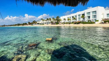 Riviera Maya 'da (Meksika) bir paradisiacal plajda harika bir tatil yeri. Beyaz kumlu bir tatil yeri, kristal berrak turkuaz su, mavi gökyüzü ve dinlenmek için ideal Karayip güneşi..