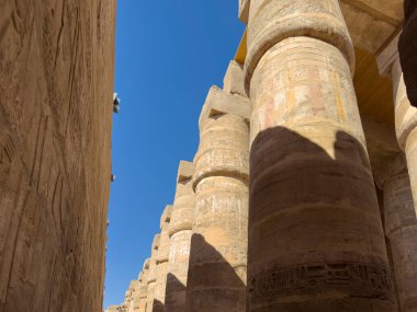 Luxor, Mısır; 16 Ocak 2024: Karnak Tapınağı 'nın Hypostyle Salonu eski Mısır' ın kudreti ve ihtişamının etkileyici bir kanıtıdır. Yükselen kollarıyla, oymalarıyla ve genişliğiyle..