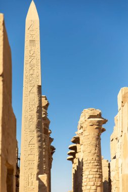 Luxor, Mısır; 16 Ocak 2024: Marvel at the Celestial Pillar of Thutmose I at Karnak. Büyük Firavun tarafından dikilen bu heybetli dikilitaşın dünyevi dünyayla cennetler arasında bir bağlantı olduğuna inanılıyordu..