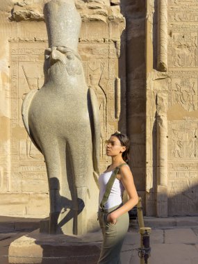 Tanrı Horus ile Edfu Tapınağı 'nda ilahi bir karşılaşma yaşayan bir turist. Şahin başlı tanrının görkemli heykeline hayret ederek ve Antik Mısırlılarla bir bağ hissederek.