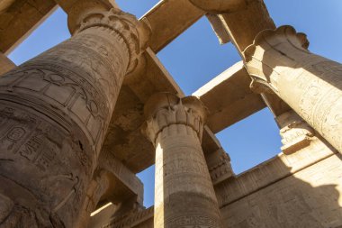 Kom Ombo, Mısır; 17 Ocak 2024: Timsah tanrısı Sobek 'e adanmış tapınağı koruyan heybetli sütunlar. Hiyeroglifler ve kabartmalarla süslenmiş bu taş sütunlar, gücün bir kanıtı..