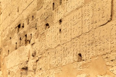 Luxor, Mısır; 16 Ocak 2024: Firavun ve tanrıların yankılarının hala durduğu Karnak 'ın antik duvarlarının ebedi güzelliğini keşfedin. Karmaşık hiyeroglifleri ve devasa sütunları keşfet.