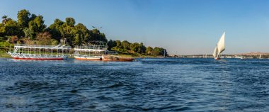 Aswan, Mısır; 18 Ocak 2024: Felucca ve tekne taksisi ile Nil Nehri boyunca Aswan 'ı keşfetmek, nefes kesici çöl ve nehir kenarı bitkileri arasında. Manzaraların zıtlığını tecrübe edin.