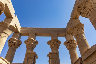 Aswan, Mısır; 18 Ocak 2024: Aswan 'daki Görkemli İsis Tapınağı' nın devasa sütunlarını tasarlamak. Bu eski Mısır tapınağının büyüklüğünün ifadesi..