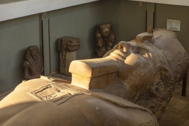 Memphis, Mısır; 20 Ocak 2024: Kahire yakınlarındaki firavunun gücünün bir sembolü olan Mısır 'ın Memphis kentindeki Ramses II Heykeli' ni keşfedin. Eski Mısır uygarlığının kalbini keşfedin..