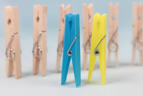 Blue and yellow clothespins on the background of ordinary wooden clothespins. The concept of being different, gender issue, standing out from the crowd, vision of man and woman.