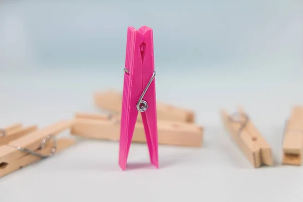 Pink clothespin on the background of ordinary wooden clothespins. The concept of being different, gender issue, standing out from the crowd, vision of man and woman.