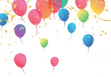 Lettering Happy Birthday To You white background. Holiday decorations with balloons, pennants and confetti. Greeting card can be used for congratulation, posters and banners