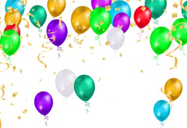 Colorful birthday balloons, pennants, tinsel and confetti on sky background with space for text. eps.1