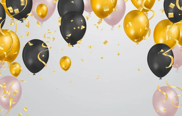 Zadowolony Urodziny Balony Projekt Kolorowe Flagi Party Wstążki Falling Tle — Wektor stockowy