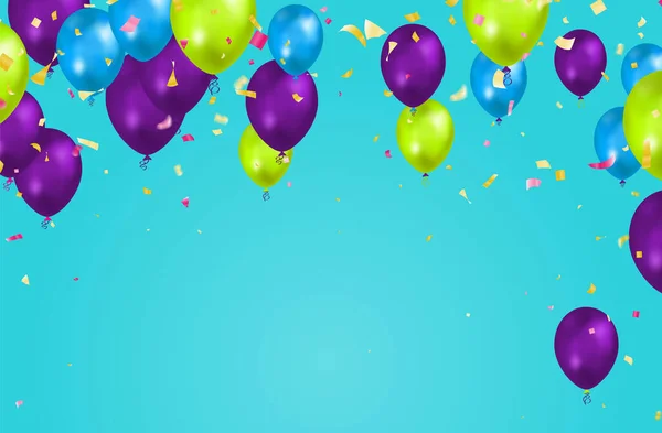 Happy Birthday Holiday Balloons Design Colorful Party Flags Ribbons Falling — Vetor de Stock