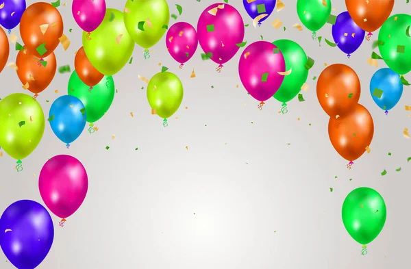 Gelukkige Verjaardag Ballonnen Ontwerp Kleurrijke Partij Vlaggen Linten Falling Achtergrond — Stockvector