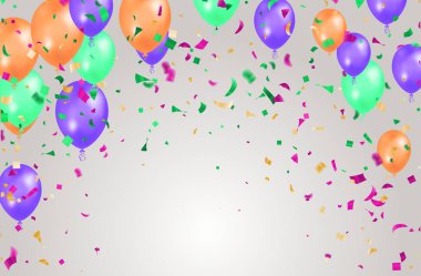 Happy birthday holiday balloons design colorful Party Flags And Ribbons Falling On Background. eps