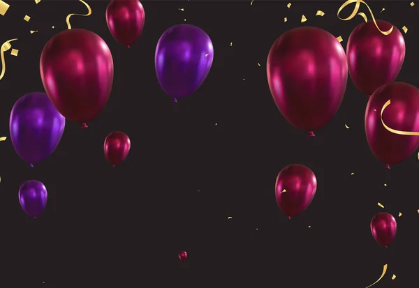 Siyah Arkaplanda Konfeti Olan Kırmızı Mor Balonların Resmi — Stok Vektör